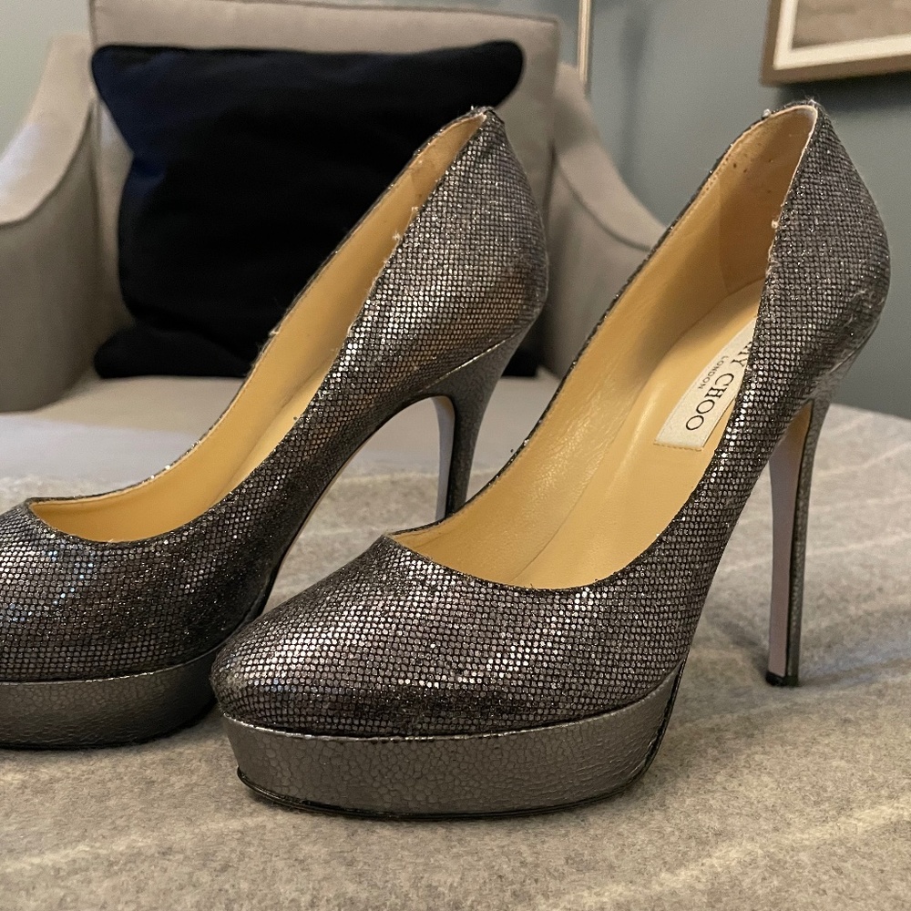 Jimmy Choo Silver Glitter Platform Heels